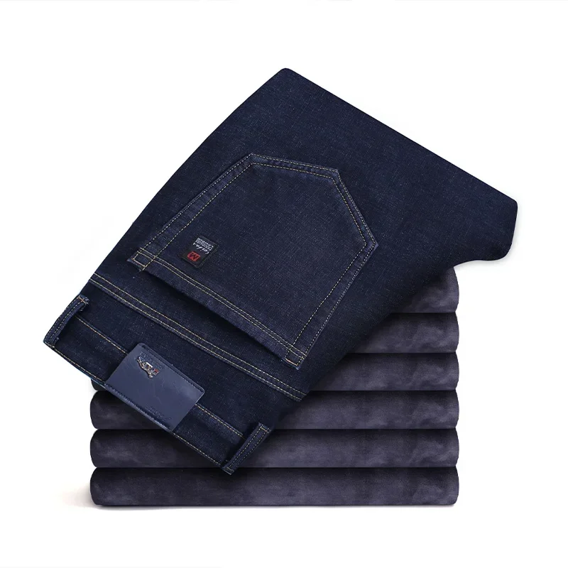 Pantalones vaqueros cálidos de lana para hombre, pantalón vaquero grueso informal de negocios de estilo clásico, corte Regular, color negro y azul, novedad de invierno de 2024
