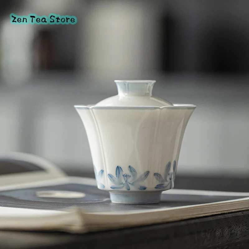 Blue And White Underglaze Water Lily Encircling Cover Bowl Jade Clay White Porcelain Household Action Plan Cover Bowl