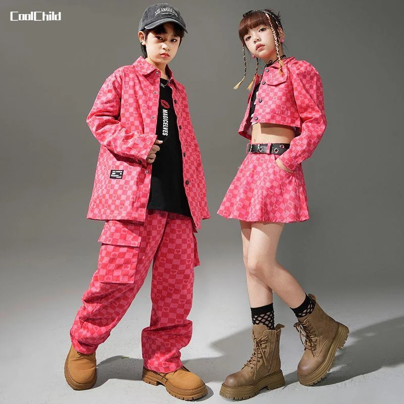 Hip Hop Girls Colorful Plaid Crop Jacket Skirts Boys Coat Street Dance Cargo Pants Child Streetwear Kids Teens Jazz Clothes Sets