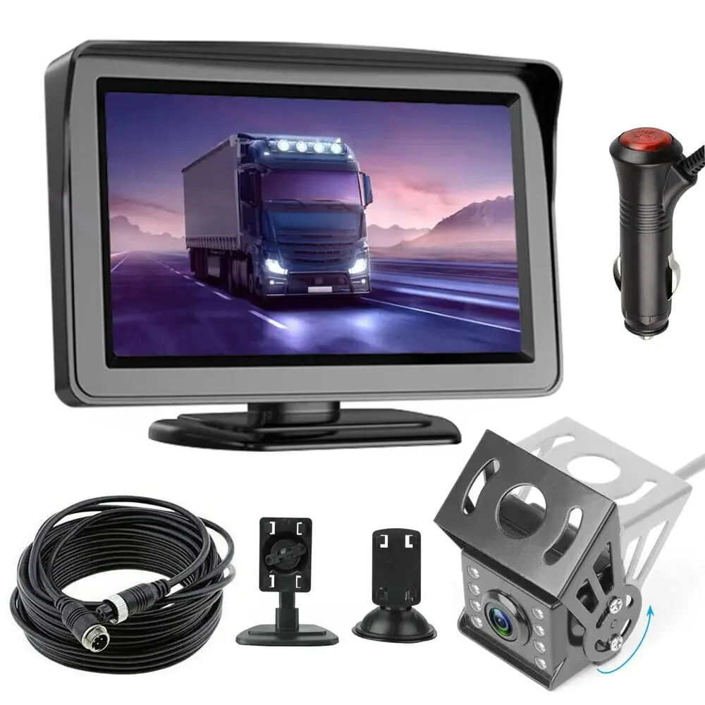 

QueenDer 12V/24V 4Pin Car Rear View Backup Camera Kit + 5'' Monitor 10m for RV Bus Truck