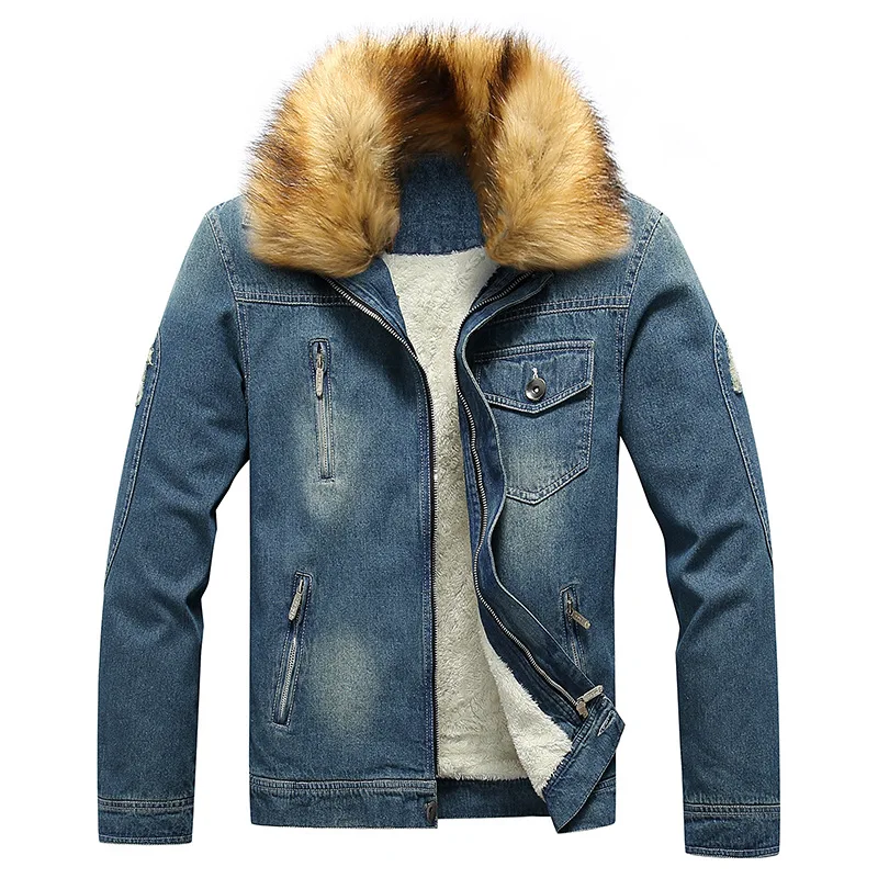 Men's Denim Cotton-Padded Jacket Fleece Warm Perforated Patchwork Top Trendy Thick Casual Outerwear