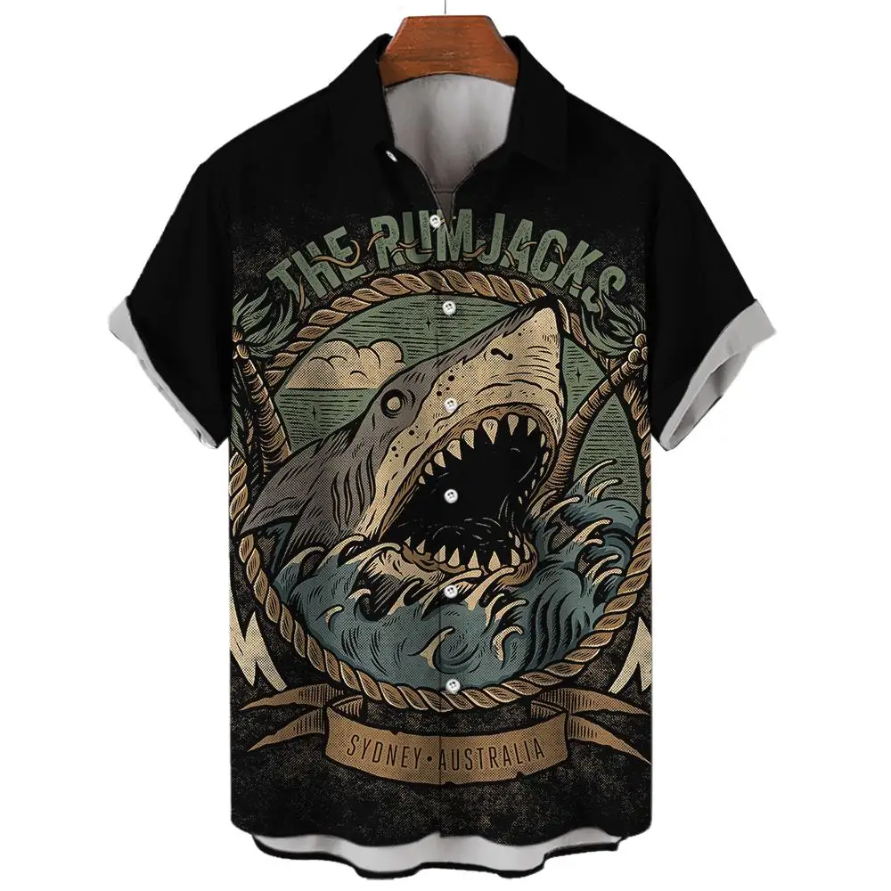 New Men's Hawaiian Beach Button Shirts Short Sleeve Animal Shark 3D Print Casual Lapel Fashion Collar Retro Clothes Hiphop