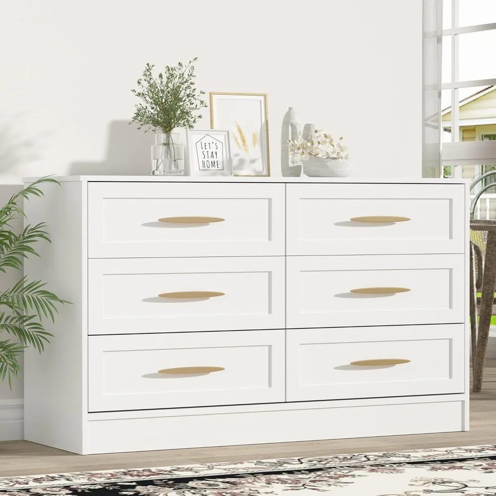 6 Drawer Dresser White and Gold, Tall Dresser for Bedroom, Wood Storage Cabinet, Storage Solution for Entryway and Hallway
