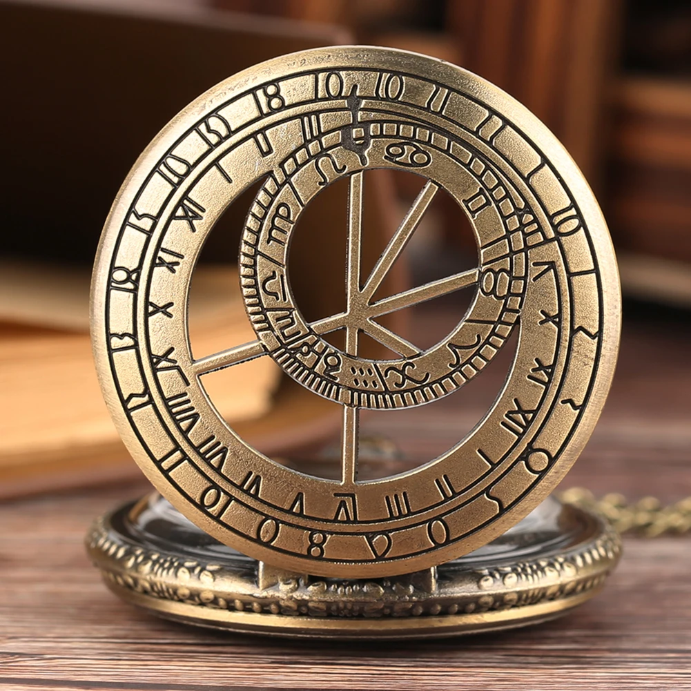 Zodiac Compass hollow out Pattern Bronze Retro Quartz Pocket Watches Men Women Necklace Watch Antique Pendant Gifts