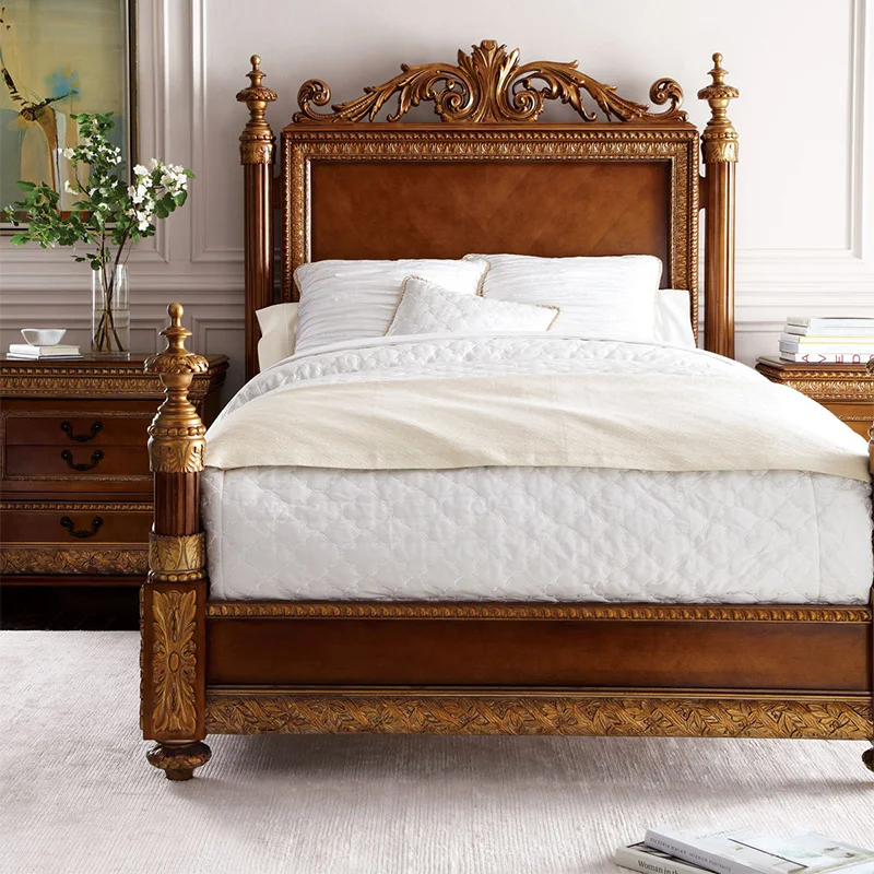 

Vintage solid wood carved old bed, American antique gold luxury double bed, bedroom, wedding bed, villa luxury bed