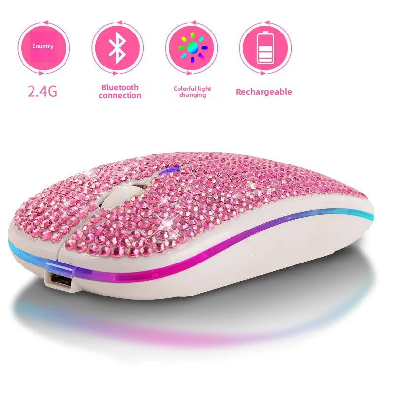 

Diamond-encrusted transparent 2.4G + Bluetooth dual-mode RGB wireless charging mouse suitable for tablets and phones