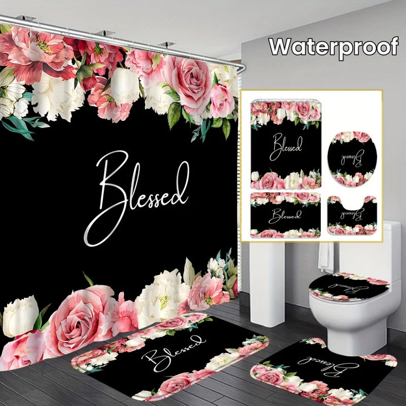 1/4pcs Flowers On A White Background Shower Curtain, Waterproof Shower Curtain With 12 Hooks, Bathroom Rug, Toilet U-Shape Mat,