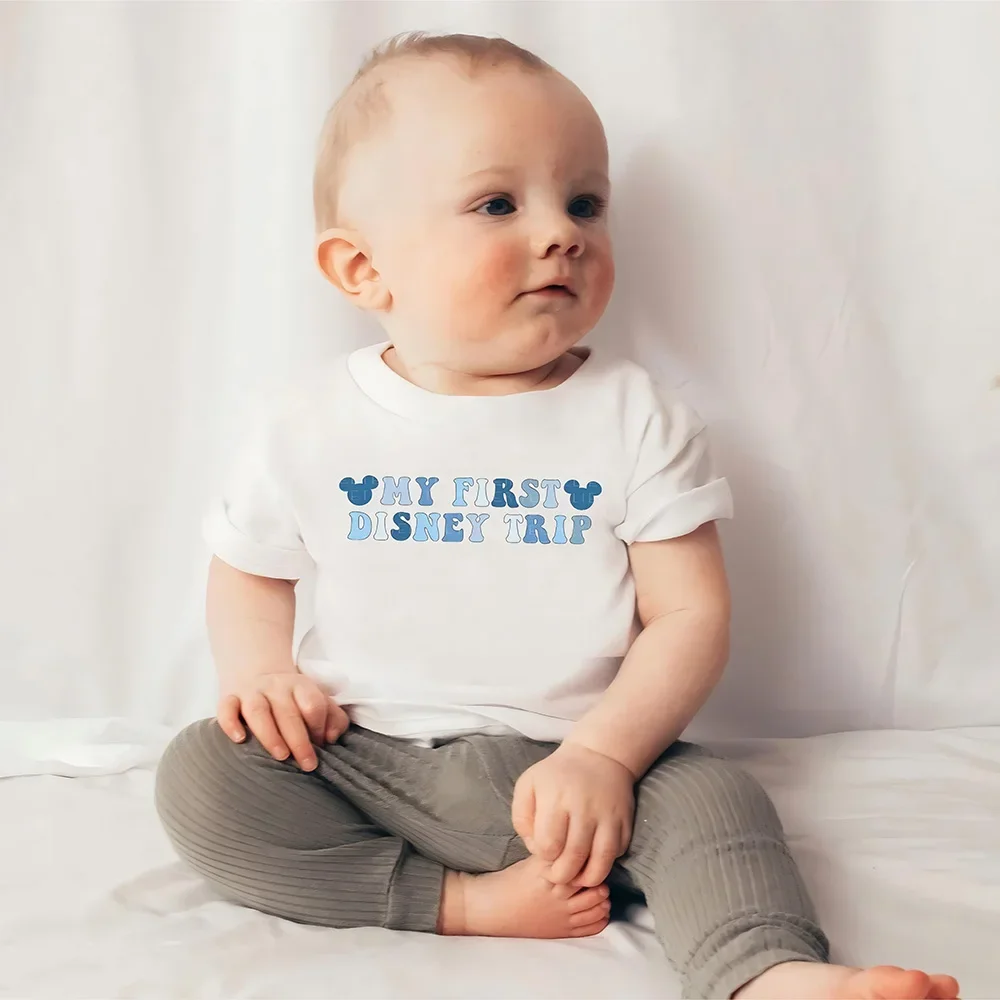 

Disney "My First Disney Trip" Kids T-Shirt 100% Cotton Blue Mickey Ears Print Toddler Short Sleeve Tee