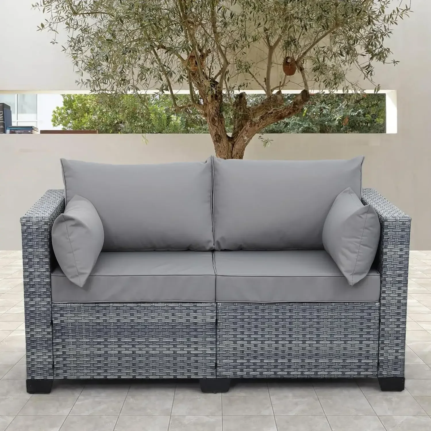 

l Outdoor Patio Loveseat Sofa, 2-Seater Small Couch, All Weather Wicker Love Seat Furniture with Grey Cushions