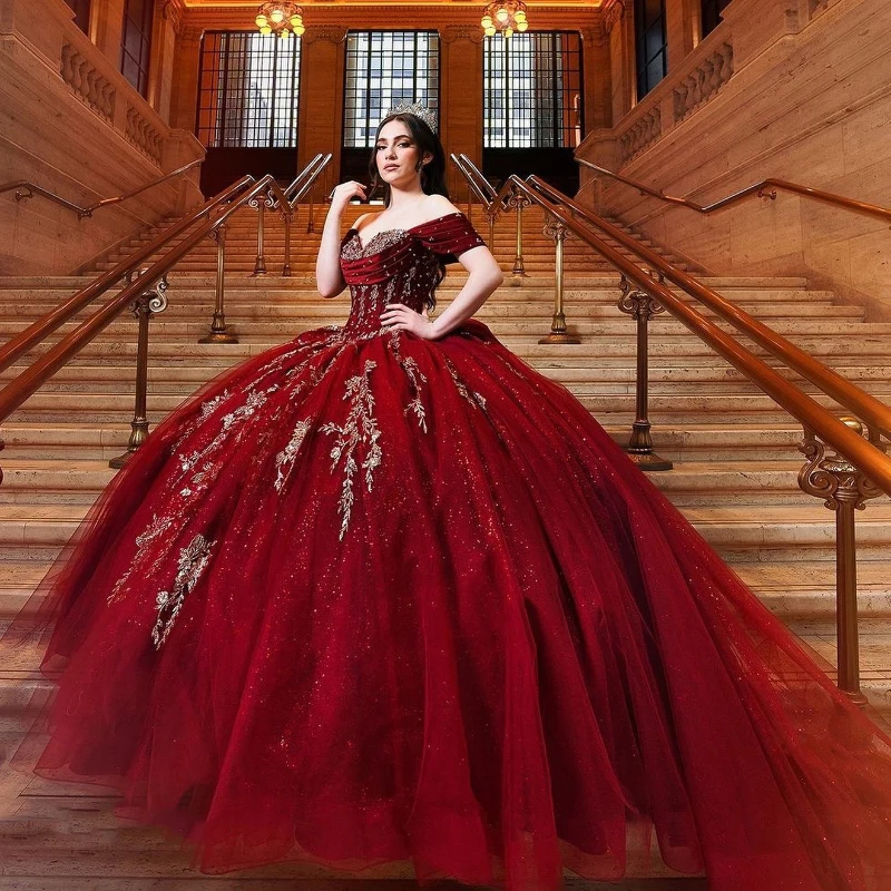 

Glitter Red Princess Ball Gown Quinceanera Dresses Lace Appliques Crystals Beads Tull Birthday Party Sweet 16 Dress Vestidos De