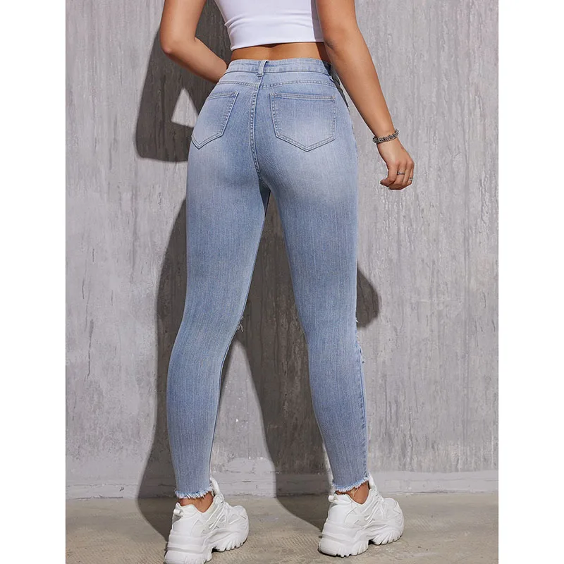 Girls Ripped Raw Hem Thin Skinny Jeans Women Korean Fashion Low-rise Stretch Denim Pants Lady Chic Retro Solid Trousers