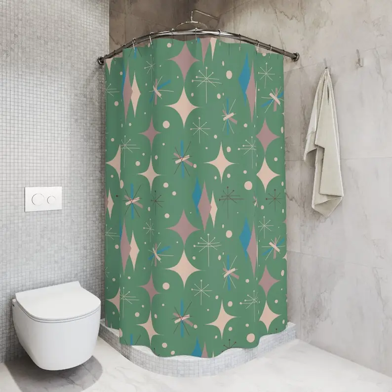 Mid Century Modern Atomic Diamond Starburst Shower Curtains, Retro Bath Curtains, 50s 60s Retro Bathroom Decor