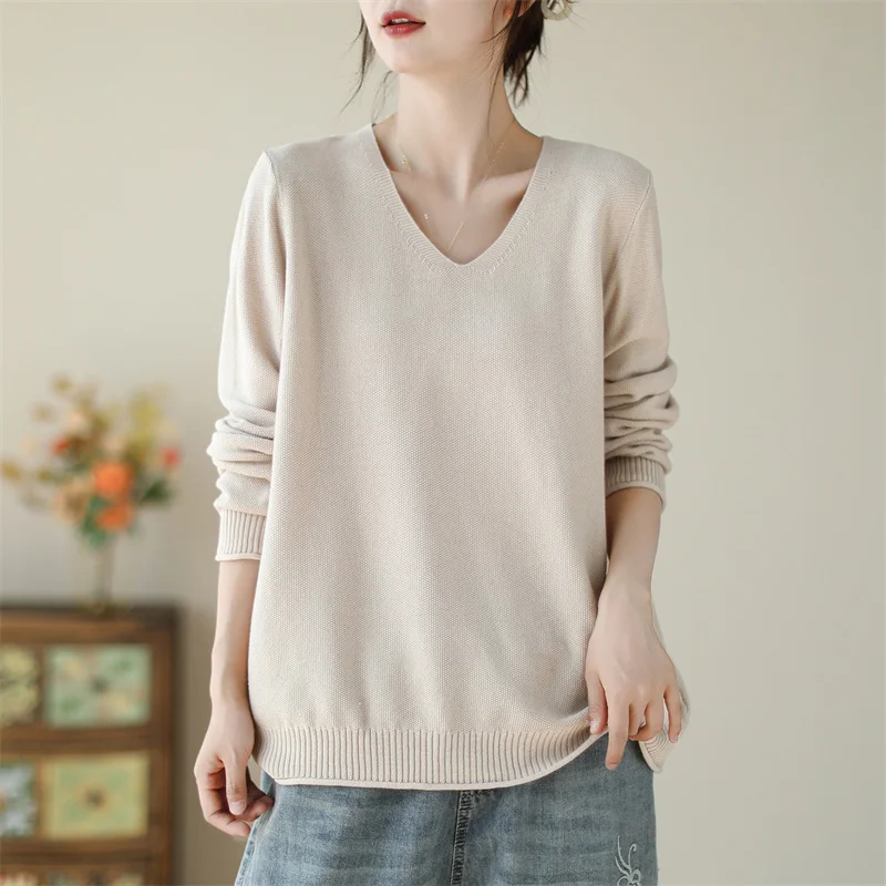 

New Autumn Winter Women Sexy Neck Knitted Pullovers Casual Loose Oversize Sweater Ladies Long Sleeve Solid Bottom Soft Knitwears
