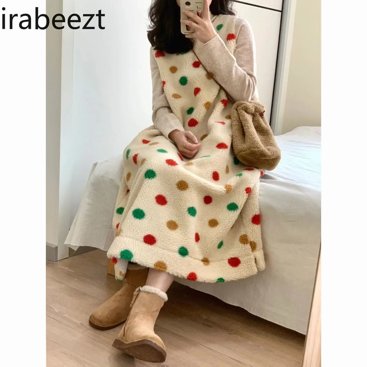 Autumn/Winter 2024 New Salt Lamb Wool Color Polka Dot Sundress + Knitted Base Shirt Casual Long Vestidos De Tricô Femenino