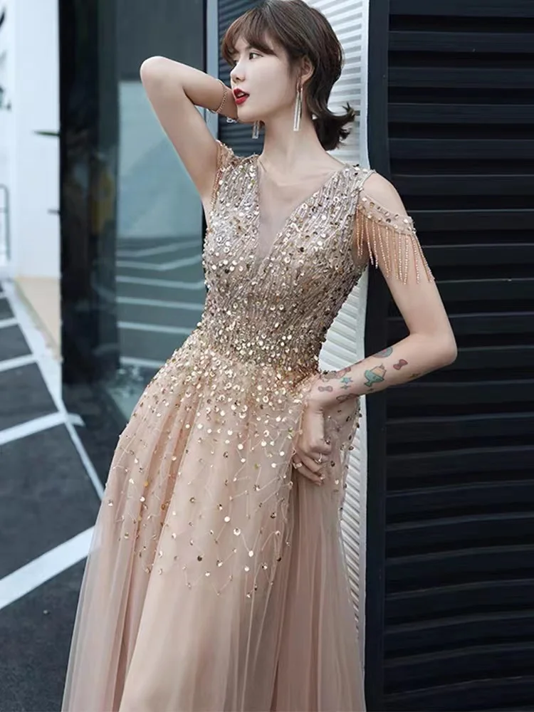 Abiti da sera in oro champagne O-Collo Nappe con paillettes Lady Girl Donna Principessa Banchetto Party Prom Performance Abiti da ballo di ballo