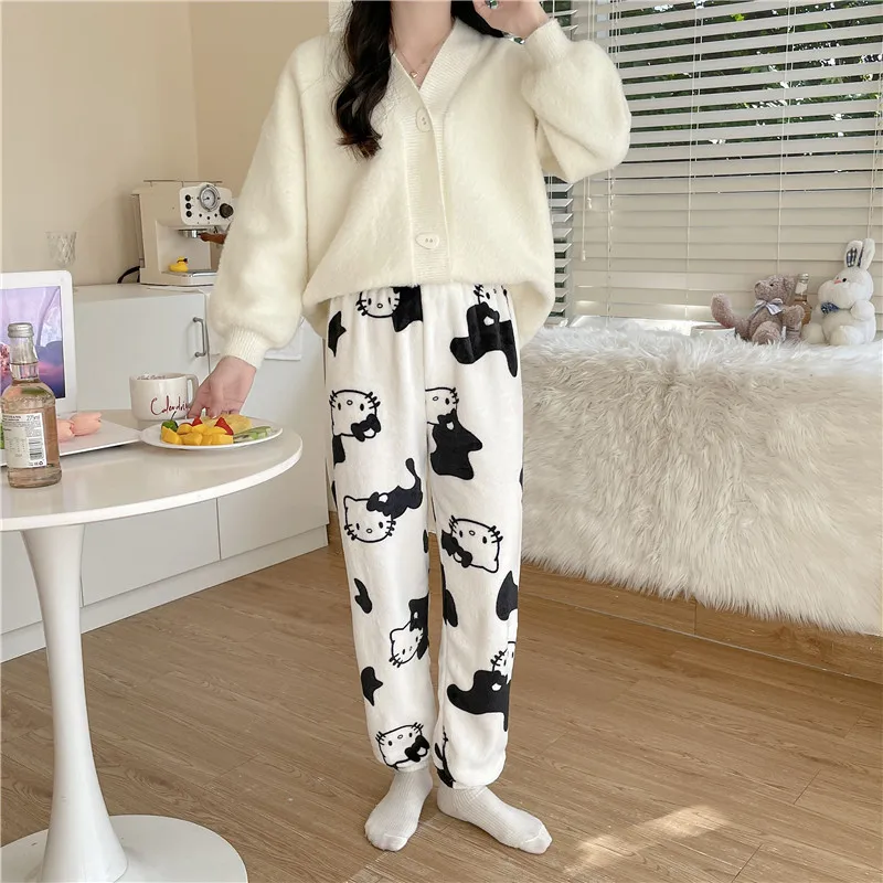 Kawaii Sanrio HelloKitty Coral Fleece Sleeping Pants Anime Cartoon Women's Winter Thickened New Home Casual Flannel Women Gifts