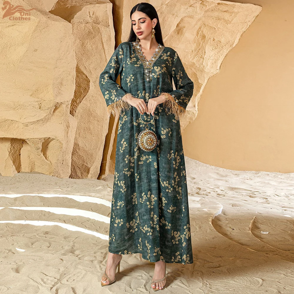 

Модное длинное платье с принтом бисера, женское мусульманское платье с v-образным вырезом, Абая, Дубай, кафтан с перьями, ислам Джалабия, кафтан, марокканский женский халат, платье