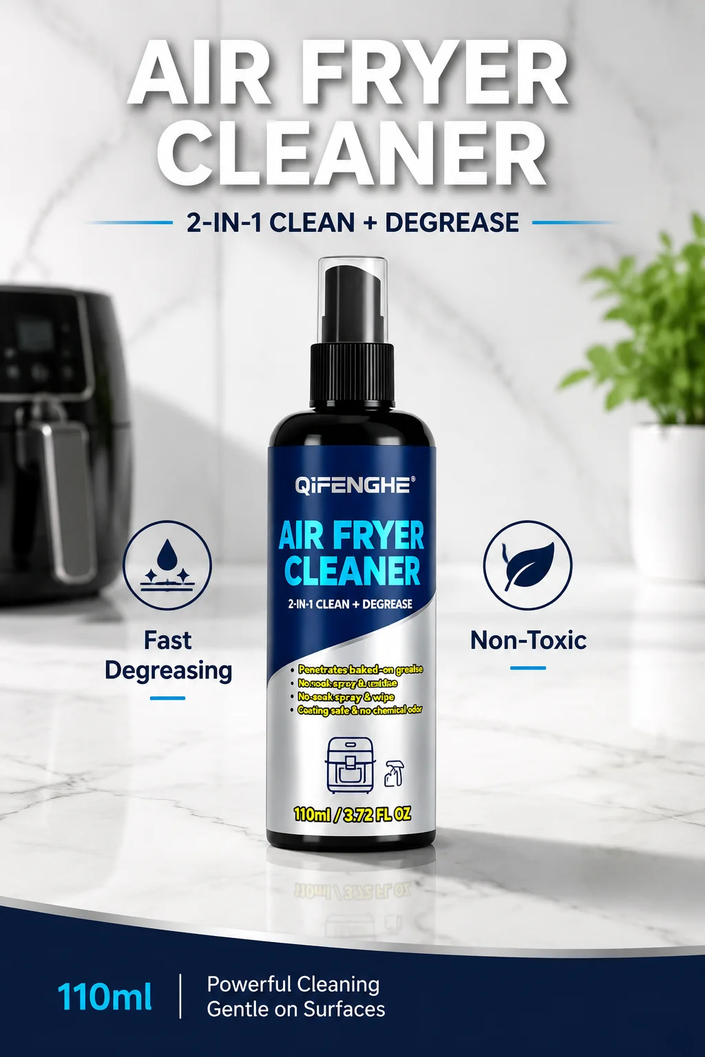 Car & Air Fryer Cleaner 110ml – 2-in-1 Degreaser Spray, No-Soak, Odor-Free, Safe for Coated Surfaces