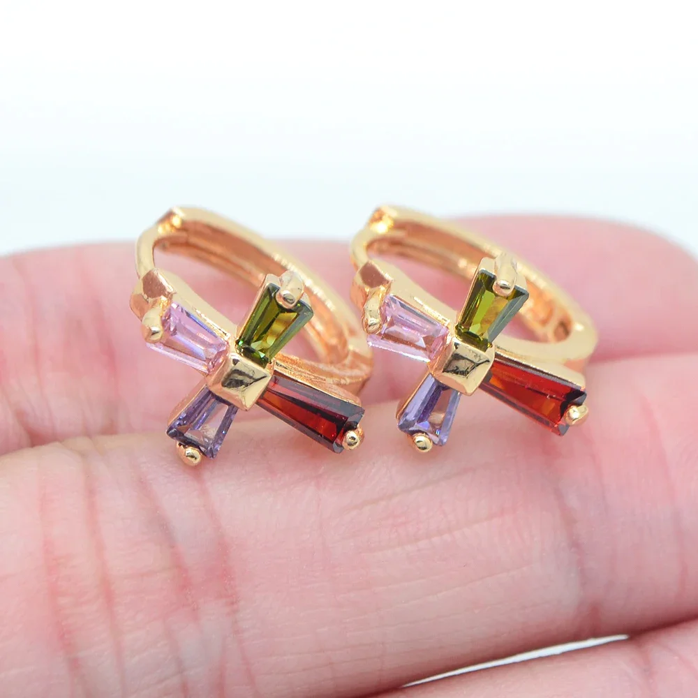 Fashion Gold Color Multicolor Cubic Zirconia CZ Baguette Cross Huggie Hoop Earrings Jewelry