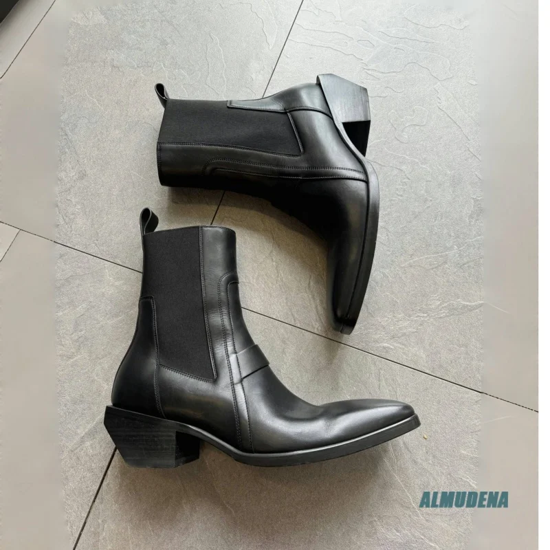 Square Toe Men's Black Leather Chelsea Boots Elastic Side Block Heel Classic Casual Business Formal Daily Commute Shoes view 4