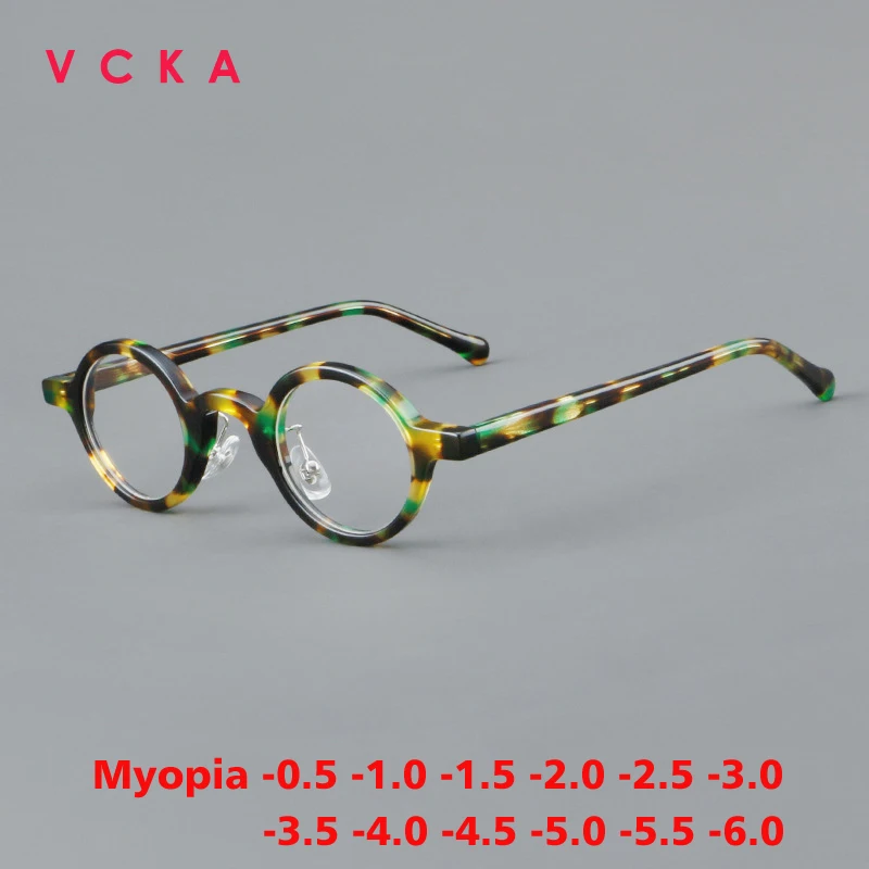 VCKA Men Small Round Acetate Myopia Women Eyeglass Scrub Frame Fashion Vintage Optical Prescription Glasses -0.50 to -6.0