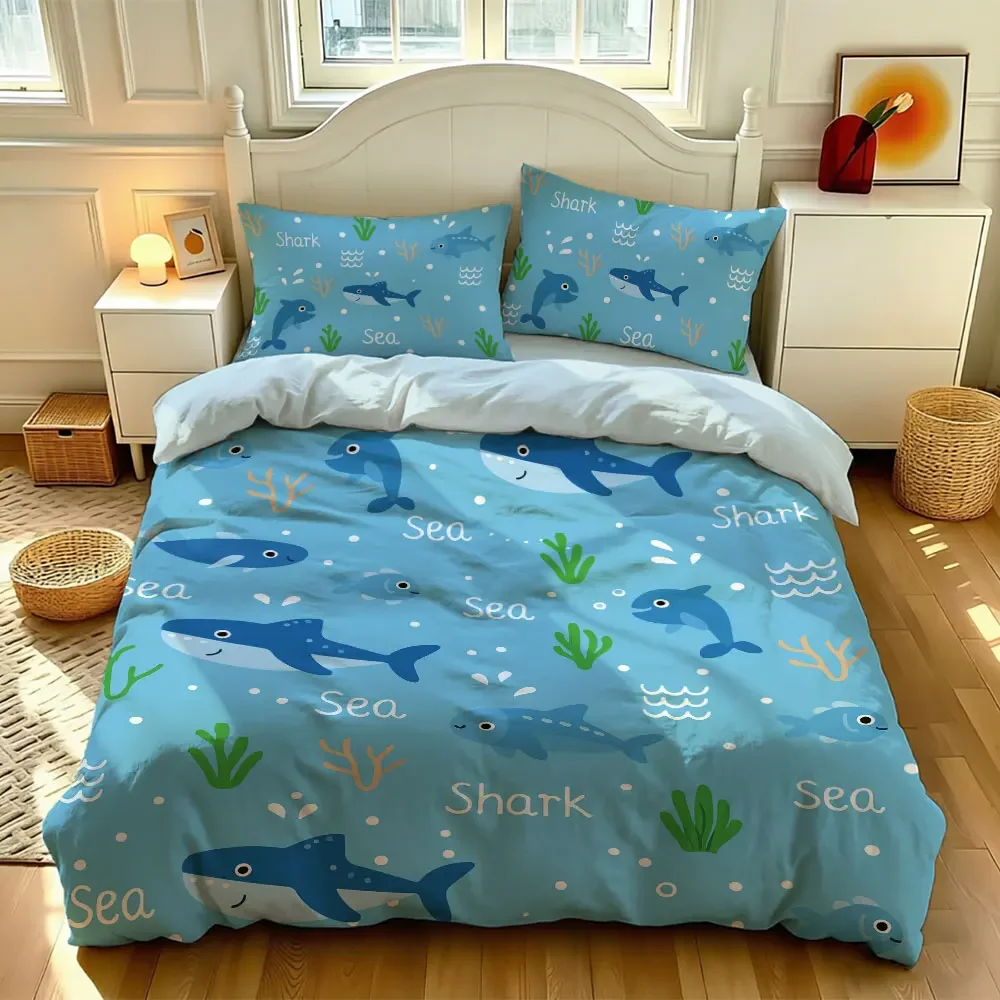 3pcs marine life whale and shark pattern bedding printing set, including 1 bedding cover and 2 pillowcases (without inserts)