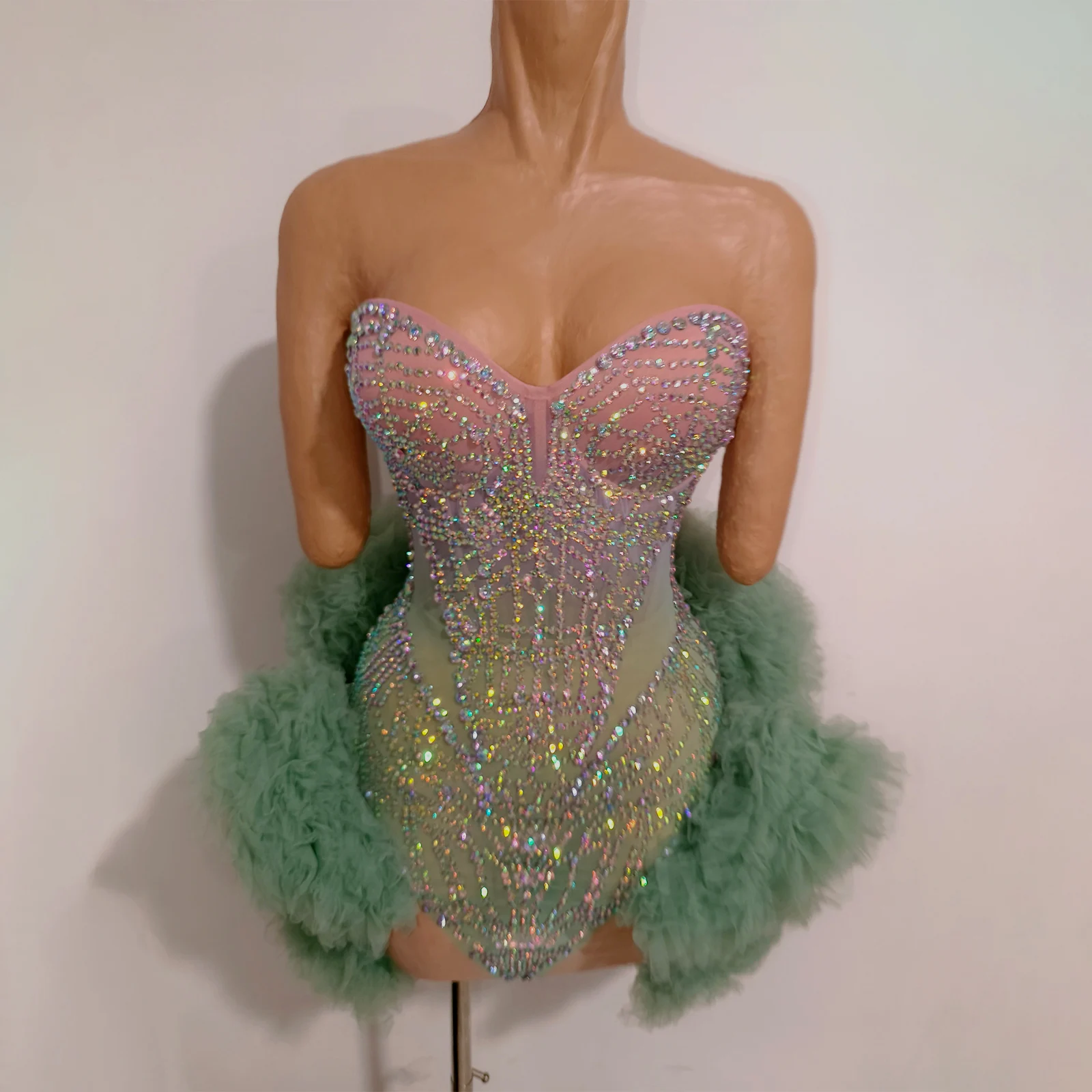 

Роскошная зеленая сетчатая сексуальная юбка со стразами, перспективная сексуальная юбка для дня рождения, ночного клуба, шоу, танцевальная сцена для девочек, наряд Drag Queen GOGO