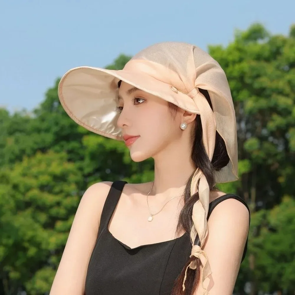 

Fashion Foldable Sun Hats Wide Brim Neck Protection Beach Bucket Hats Sun Protection Ponytail Women's Hats Summer