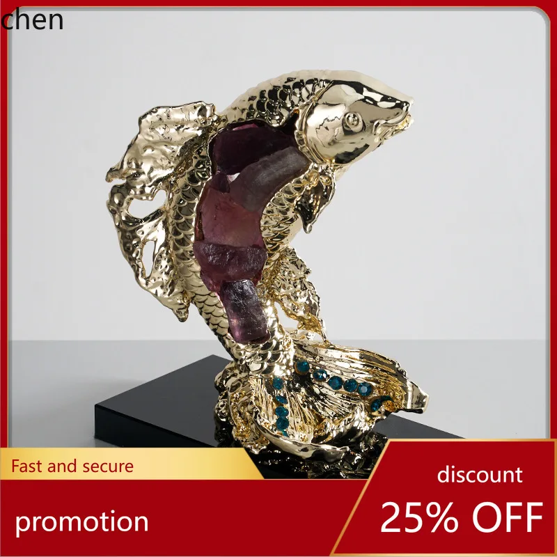 

HT Alloy Creative Amethyst Stone Crafts Living Room Entrance TV Cabinet Ornaments Yearly Prosperity Carp Decorations