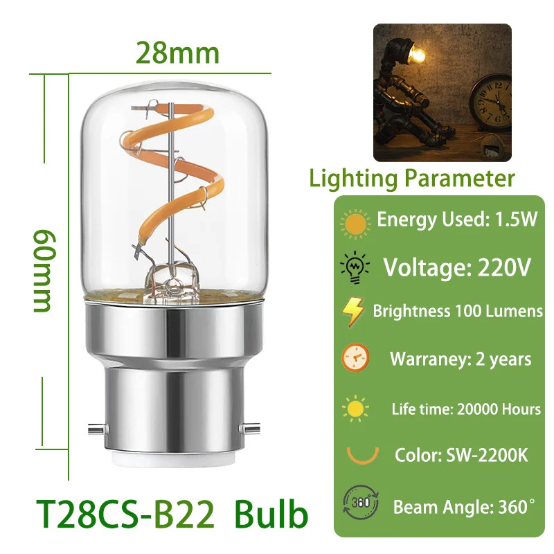 B22 Bayonet Base T28 Mini Tube Spiral Filament bulbs 220V 1.5W Warm White Clear Glass For Pendant Party Garden Decorative Bulbs