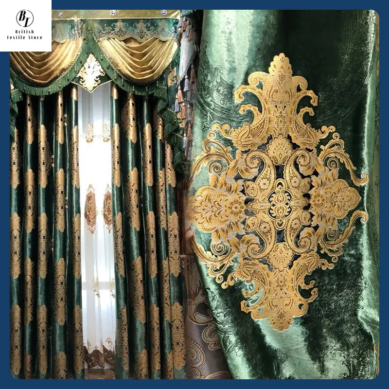 

European Green Luxury Curtains for Living Room Blackout Bedroom Atmosphere Villa Velvet Finished Window Valance Embroider Tulle