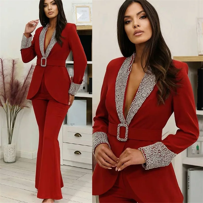 

Red Women Suits Office Set 2022 Luxury Crystal 2 Pieces (Blazer+Pants)With Belt Custom Made Formal Evening Party Prom Dress