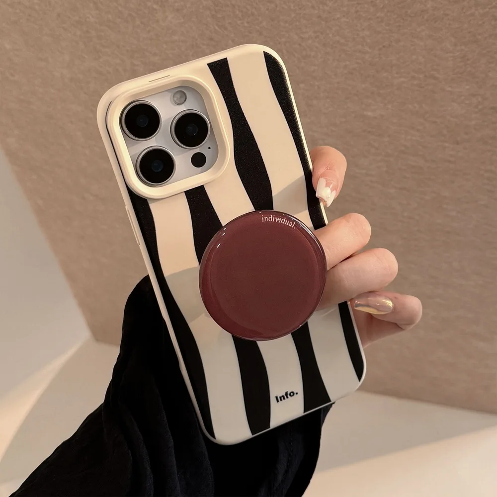 

Fashion Zebra Stripes Silicone Case With Stand Holder For iPhone 15 14 13 12 11 Pro Max 16 Plus Soft Silicone Bumper Cover