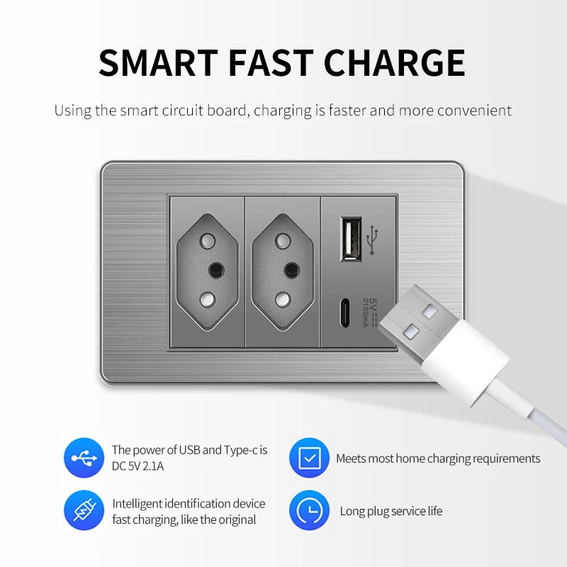 Stainless Steel Light Wall Push Button Switch On Off EU BR US Universal Standard Power Socket with Type-c USB Charging Outlets