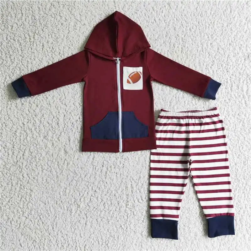 New Fashion Cool Baby Boys Rugby Burgundy Hooded Zip Long Sleeve Pants Suit Wholesale Boutique ChildrenOutfit RTS