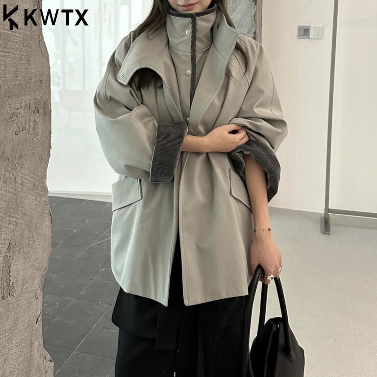 

KWTX Women’s Color Block Corduroy Patchwork Stand Collar Two-Piece Thickened Jacket Coat Chic Casual Warm Winter New 2025