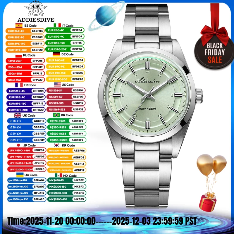 

ADDIESDIVE New 36mm Watch For Men Reloj BGW9 Luminous Bubble Mirror Glass 316L Stainless Steel 100m Diver Quartz Watch AD2515