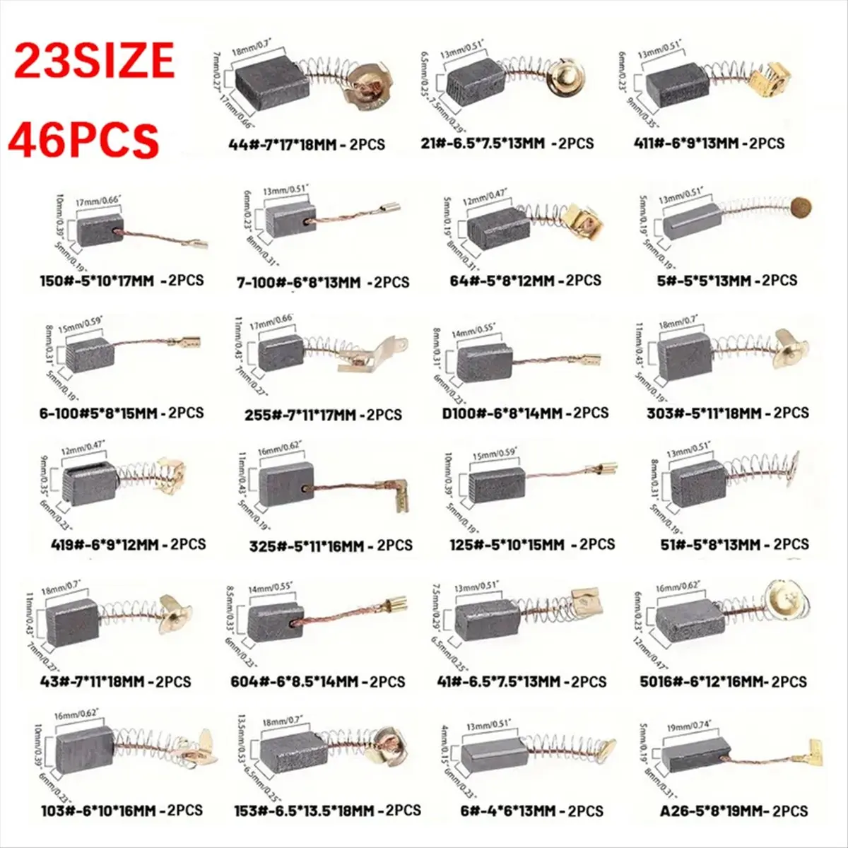 DT89 HOT 46Pcs Electric Motor Carbon Brushes 23 Sizes Carbon Brush Motors Brushes Replacement for Power Tool