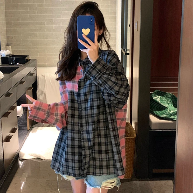 Plaid Long Sleeve Shirts Women Panelled Clothing Harajuku American High Street Y2k Рубашки Teens College Vintage Baggy Hip Hop