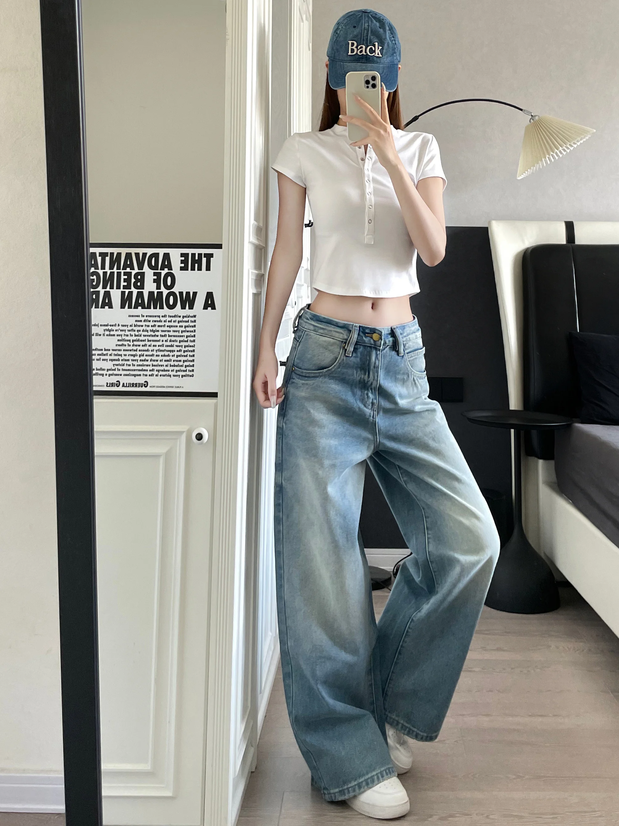 

Синие американские свободные прямые джинсы Waed, винтажные широкие брюки в стиле хип-хоп, повседневная одежда для подростков, всесезонные