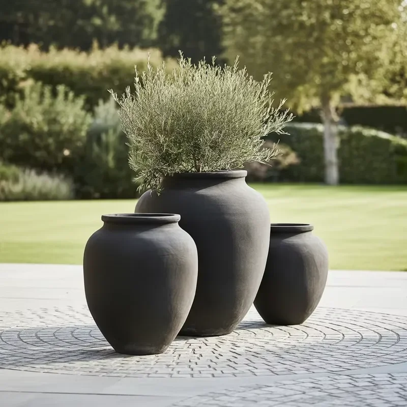 for Customized FRP Large Urn Jar Planter Set Matte Black Outdoor Commercial Garden Hotel Patio Landscape Flower Pot OEM