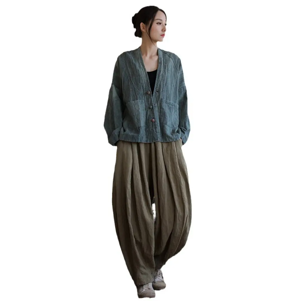 

Winter Cotton Linen Ramie Women's Tie-Dye Sand-Washed Distressed Top Zen Buckle Artistic Retro Cardigan Jacket New Arrivals