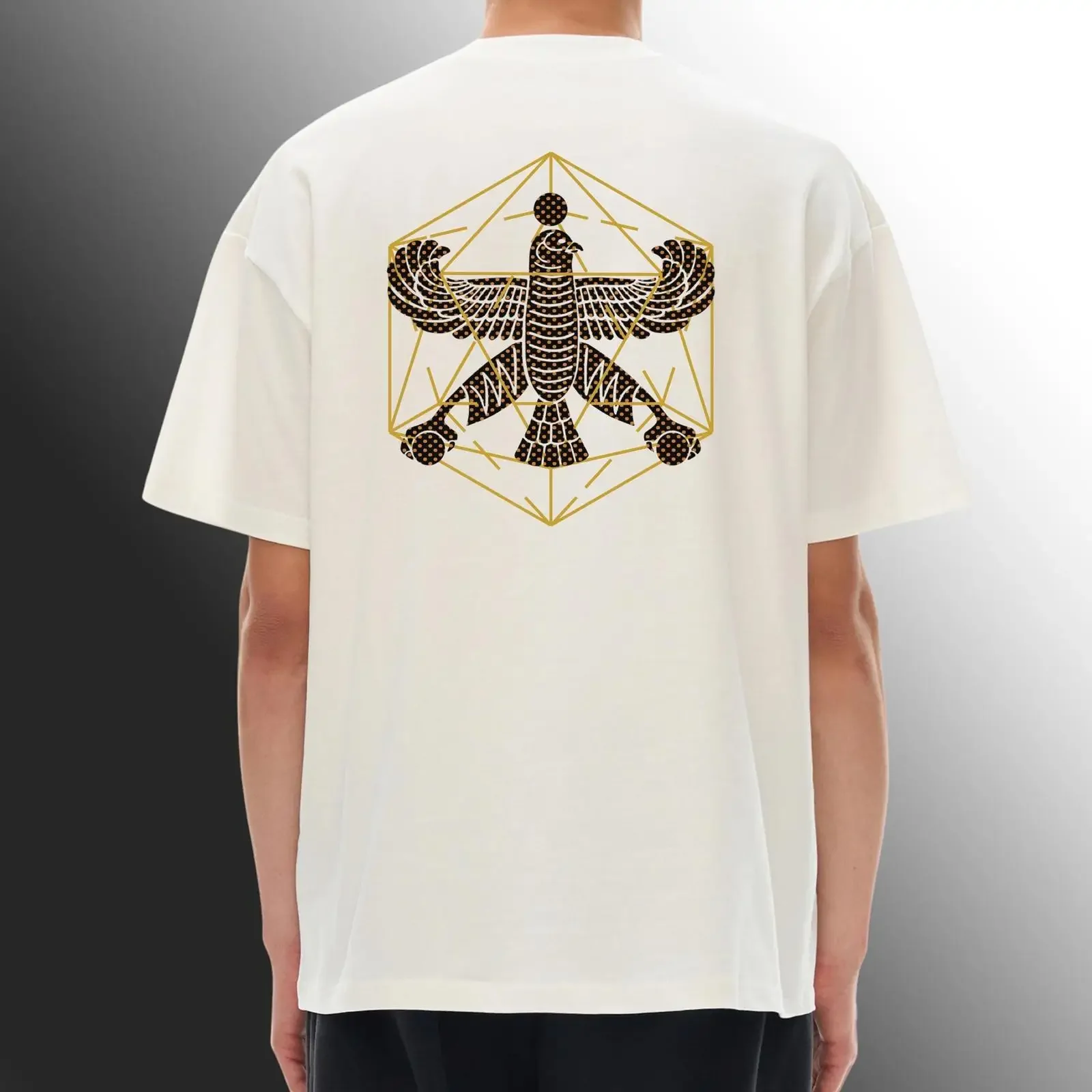 T-Shirt mit heiliger Geometrie, Golden Homa Bird, Oversized-Schnitt mit überschnittenen Schultern, Vintage-Look, gewaschen, lässig, stilvoll, dehnbar, modisch
