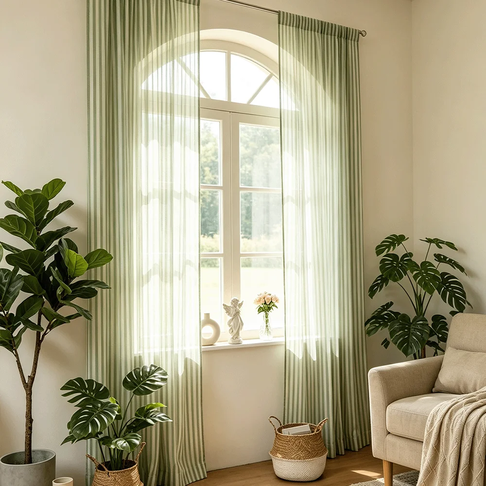 1/2 Panels  Fresh-style green and white striped curtain fabric, suitable for bedrooms, living rooms, and balcony bay windows.