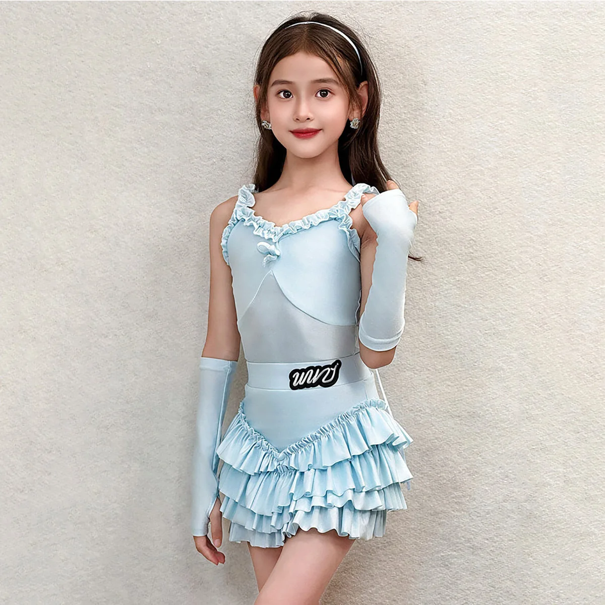 Kid Girls Latin Dance Costume Children's Sleeveless Bodysuit and Pleated Cake Skirt Rumba Ballroom Dancing Competition Dresses