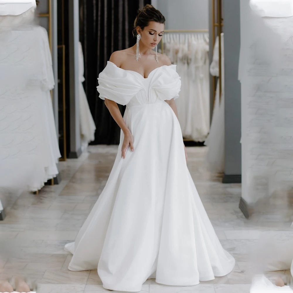 

Charming Off The Shoulder Pleat Sweetheart Satin A Line Wedding Dresses Corset Back Sweep Train Custom Made Vestido De Noival