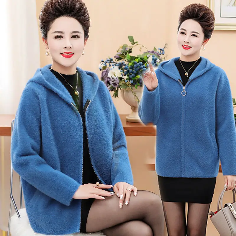 

2023 New Autumn Women Faux Mink Knitted Jacket Solid Short Thicken Hooded Cardigan Sweater Coat Casual Female Zipper Knit Y13