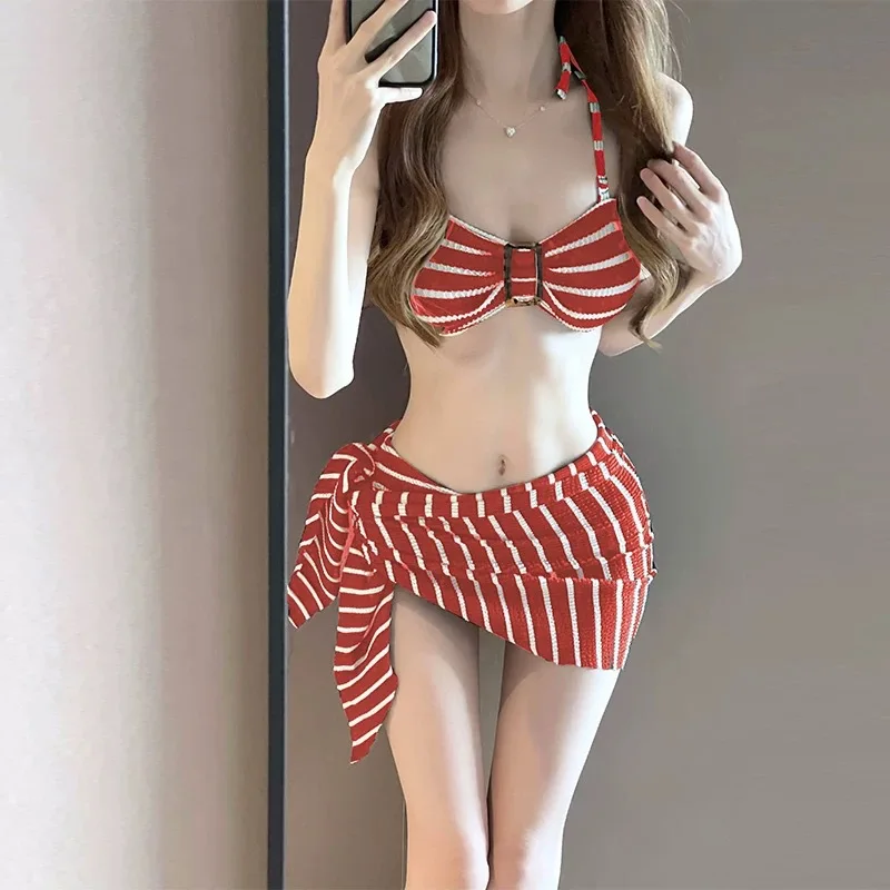 Japanese and Korean bikini  new 3pcs European and American stripes sexy seaside vacation hot spring swimsuit