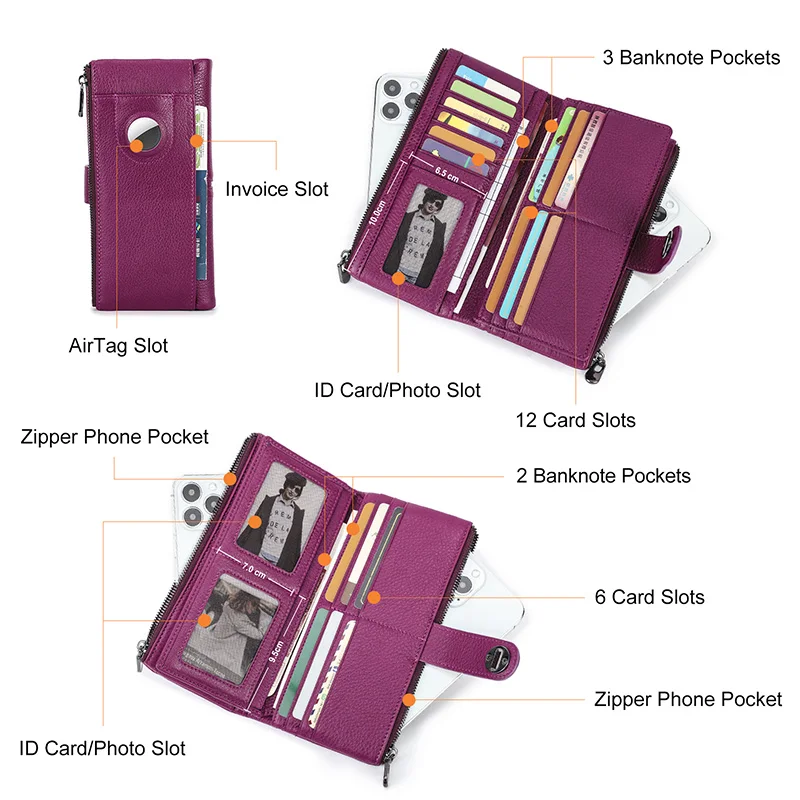 Contact\'S-cartera larga de cuero genuino para mujer, Cartera de mano femenina con cremallera, bolsillo para teléfono, monedero con ranura para