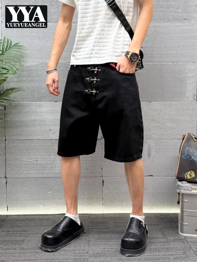 

Youth Mens Summer Casual Shorts Male Black Knee Length Short Trousers Fashion Retro Mid Waist Straight Loose Trouser Hot Sale
